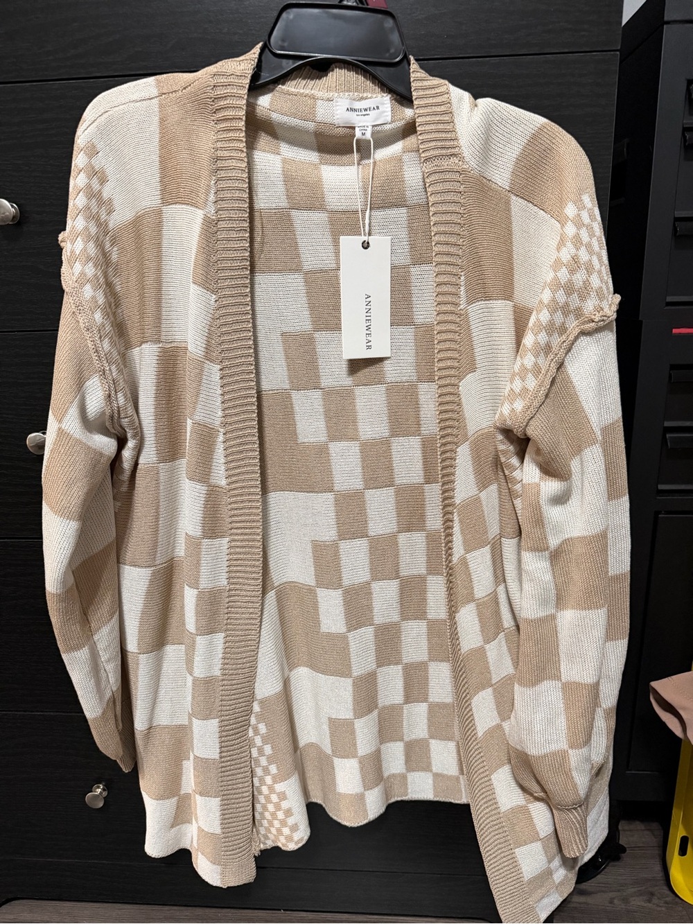 Annie Beige and Cream Checkerboard Knit Cardigan